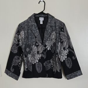 Chico's Black and Gray Floral Jacquard Cropped Blazer Size 1